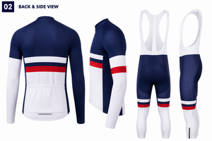 Ensemble de maillot et de short de cyclisme pour hommes de haute qualité, personnalisé, en spandex/coton, séchage rapide, 4 saisons, bleu marine, blanc, rouge, manches longues, pour adultes - Product Image 2