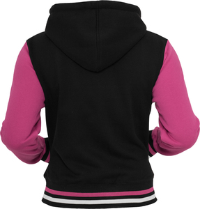 Unisex <b>Black</b> Pink Color Block Varsity Jacket Hooded Zipper Front Casual Autumn Wear Regular Fit <b>Fleece</b> Material - Product Image 1