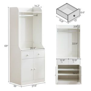Armadio Bianco per Camera da Letto con Asta Appendiabiti, Cassetti e Ripiani, Maniglie e Vetro Temperato per Conservazione Vestiti - Product Image 6