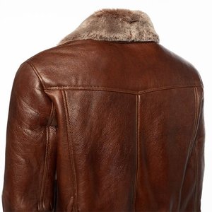 Veste d'hiver en cuir véritable pour homme avec doublure en fourrure, col rabattable, style motard, coupe régulière, coupe-vent - Product Image 5