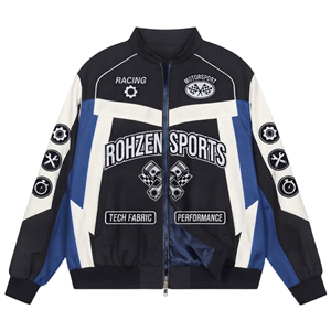 Racing Track Full Zip Motorsport <b>Bomber</b> <b>Jacket</b> Embroidered Patch Windproof Streetwear Team Sports Custom Design % Cotton - Product Image 3