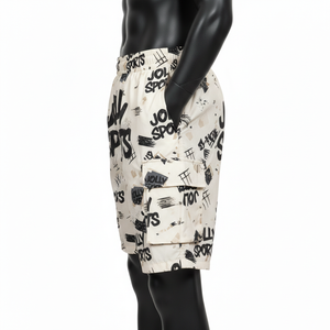 Pantalones cortos cortavientos de poliéster GSM premium para hombre, color beige, crema, negro, con estampado de grafiti, logotipo serigrafiado, etiqueta tejida. - Product Image 3