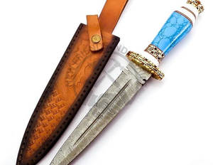 Nouveau couteau de chasse artisanal en acier Damas à double tranchant avec manche en laiton et pierre bleue, couteau à lame fixe pour le camping et la survie - Product Image 4