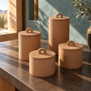 Ensemble de quatre pots en céramique terracotta avec couvercles en argile assortis |   Bocaux de rangement rustiques pour cuisine, pour l'organisation du comptoir de garde-manger - Product Image 3