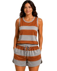 Ensemble pyjama en satin pour femmes, rayures marron rouille et gris argenté, débardeur sans manches avec short à taille élastique, ensemble de vêtements de nuit de luxe - Product Image 1