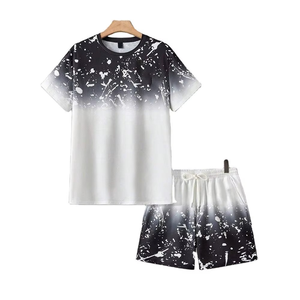 Ensemble T-shirt et short pour homme, imprimé dégradé noir et blanc, décontracté, été, tenue en deux pièces, respirant, vêtements streetwear - Product Image 1