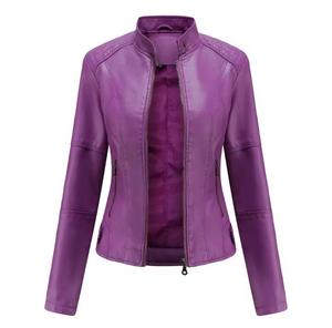 Chaqueta de moto de cuero PU para mujer, cuello alto, cierre de cremallera, color sólido, corte ajustado, longitud regular, para otoño - Product Image 2
