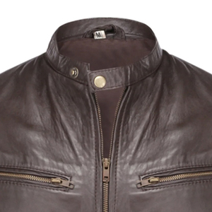 Men's Dark Brown Leather Moto Jacket Stand Collar Zipper Closure Slim Fit Autumn Wear - Product Image 3