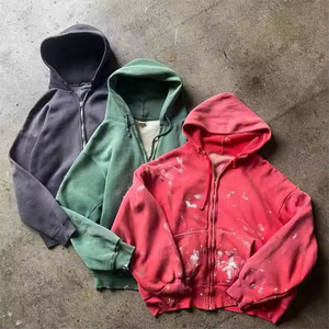 Sudadera con capucha vintage desgastada con cremallera, al por mayor, estilo oversize con salpicaduras de pintura, color personalizado, pedido a granel, ropa de moda urbana - Product Image 3