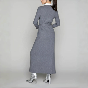 Robes longues classiques unies à manches longues pour femmes, collection Printemps 2026, élégantes pour le bureau et les soirées, en coton, coupe trapèze, avec ceinture détachable - Product Image 1