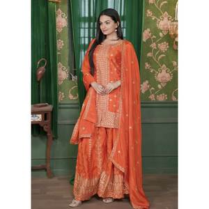 Conjuntos de mujer de diseñador traje bordado Chinon Sharara con bordado de secuencia - Product Image 2