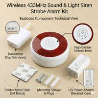 Sirena Inalámbrica de 433MHz con Sonido y Luz, Alarma Estroboscópica, Sirena Impermeable para Exteriores, para Sistema de Seguridad del Hogar