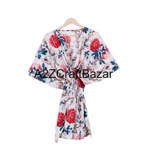 Kaftan court en coton pour femme, écologique, motif floral, robe de plage mi-longue, col en V, manches courtes, taille naturelle, moulante, à volants et pompons - Product Image 1
