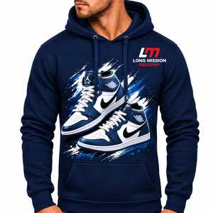 Sudadera con Capucha para Hombre Long Mission Industry, Color Azul Marino, Invierno, 100% Algodón, Felpa, Diseño Sublimado con Estampado de Zapatillas Deportivas, Estilo Casual - Product Image 1
