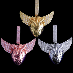 <b>Anatomical</b> Winged <b>Heart</b> Iced Out Rhodium Plated Men's Party Pendant <b>Necklace</b> - Product Image 3