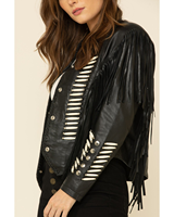 Veste en cuir noir style natif pour femme, avec franges de perles et clous argentés, surpiqûres, manteau western de cowgirl, vêtement d'extérieur fait main, USA