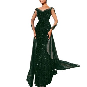 Abito da sera di lusso a sirena marrone <span class=keywords><strong>con</strong></span> paillettes, da donna, a maniche lunghe, <span class=keywords><strong>con</strong></span> mantello in <span class=keywords><strong>tulle</strong></span>, abito formale da ballo personalizzato - Product Image 3