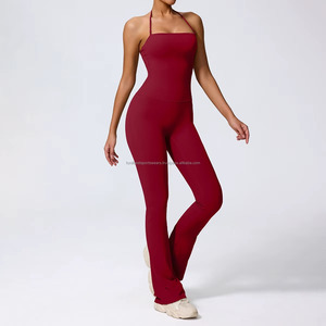 Solid Color Flared Leg Bodysuit Women's Activewear Sleeveless Full Length Yoga <b>Jumpsuit</b> Mid Waist Square Neck Front 2-Piece Set - Product Image 4