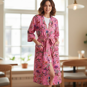Kimono de Algodón con Estampado Étnico Hecho a Mano |   Bata de dormir de manga larga con cuello en V y bolsillos para mujer |   Bata con Estampado Floral Sostenible - Product Image 3
