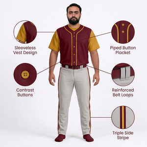 Conjunto de Camiseta de Béisbol para Hombre, Color Granate y Dorado, Manga Corta, Cierre de Botones, Transpirable, Antibacteriano, 100% Poliéster, Nombre del Equipo Personalizado - Product Image 6