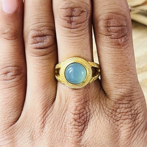 Trendy Blue Chalcedony <b>Ring</b> Boho Geometric <b>Rings</b> Textured Brass Jewelry For Women <b>Gold</b> Plated Statement Jade <b>Cocktail</b> Wholesale - Product Image 6
