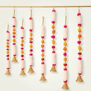Handmade White Flower Hanging Garland Toran with Gold <b>Bell</b> for Diwali Wedding Home Wall Decor - Product Image 5