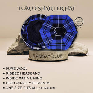 Sombrero Escocés Premium Ramsay Blue Tartan Tam o' Shanter con Pompón, Gorro de Lana del Clán de las Tierras Altas, Venta al por Mayor Personalizada - Product Image 2