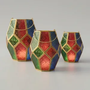 Artisan Design Tapered Glass <b>Lantern</b> with Embossed Red Green Blue Panels <b>Gold</b> Frame Handmade Irregular Shape Home Decoration - Product Image 1