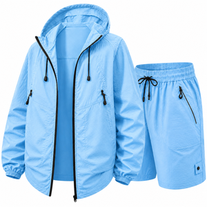 Custom <b>Men's</b> Hooded Nylon Windbreaker <b>Jacket</b> and Shorts Set Lightweight Water Resistant OEM Logo - Product Image 4