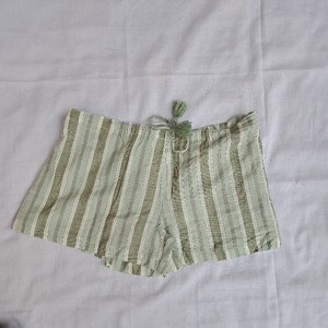 men's Frill Pajama Set Sage Green Multi Stripe Woven Cotton Green Tassel Drawstring Waist Frill Hem Casual Summer Shorts - Product Image 2