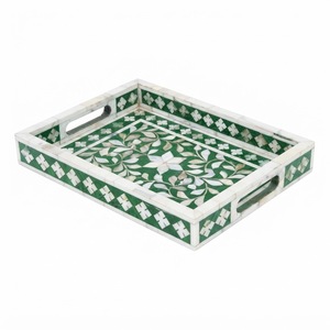 Plateau de service artisanal en os bleu incrusté, motif mosaïque géométrique, plat décoratif pour table basse, salon, hôtel, vaisselle - Product Image 3