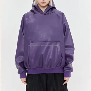Sudadera con capucha de cuero PU sin cordón High Street Fashion hombres cuero púrpura boxy HOODIE a prueba de viento impermeable - Product Image 1