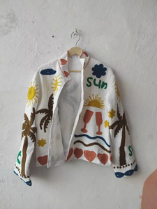 Manteau court d'hiver pour femme en velours de coton brodé à la main, motif floral réversible - Product Image 2