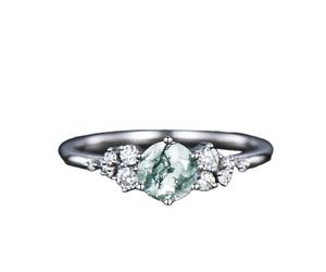 แหวนอาเกตมอสทรงกลม925แหวนเจ้าสาวทำจากเงินแท้สำหรับผู้หญิงของขวัญวันวาเลนไทน์หมั้น - Product Image 1