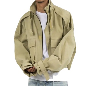 Custom Winter Digital Printing Casual 100% Cotton Twill Canvas Men's Cropped Oversized Full Zip-Up Hoodie Cargo Pockets Raw Hem - Product Image 3