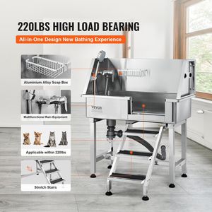 Vasca Professionale per Toelettatura Cani in Acciaio Inossidabile da 34 Pollici con Rampa, Cassetto Portaoggetti, Rubinetto e Ricchi Accessori - Product Image 3