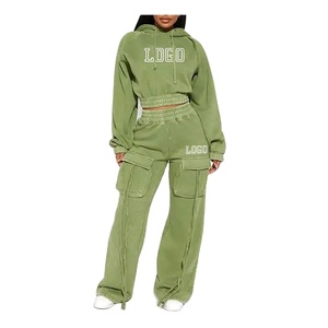Conjunto Deportivo de Pantalones Cargo y Sudadera de Algodón Grueso Transpirable y Ecológico para Mujer, Talla Grande, Lavado Ácido, Estilo Casual, Venta al Por Mayor 2025 - Product Image 1