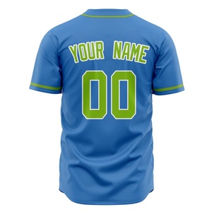 Maillot de baseball personnalisé pour homme, bleu avec bordure verte, manches courtes, col en V, tissu respirant, vêtements de sport d'équipe avec impression de numéro et de nom - Product Image 2