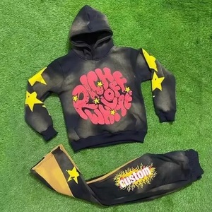 Streetwear Vintage Acid Wash Sweat Suit <b>Men</b> Joggers Zip Hoodie with Embroidered Patch Winter Wear For Fashion Runsway <b>Walking</b> - Product Image 5