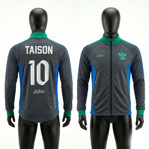 Mens Soccer <b>Jacket</b> Premium 220 GSM Polyester Interlock Breathable Fabric <b>Grey</b> Green Blue Panel Design Full Zip Custom Logo - Product Image 6