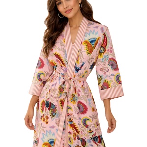 Peignoir kimono floral pour femme en pur coton à manches longues, vêtement de détente |   Robe mi-longue de style indien pour l'été, l'automne et le printemps, ODM - Product Image 1