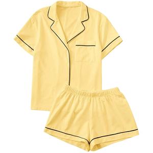 Ensemble de pyjamas 100% coton personnalisés XL pour femmes été quotidien à manches courtes avec col tournant solide pour les vêtements de nuit d'hiver et d'automne - Product Image 1