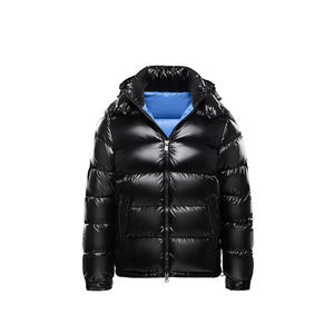 Custom Reversible <b>Mens</b> Glossy Puffer <b>Jacket</b> Hooded Two Side Wear Shiny Black Blue Winter Down Coat Supplier Direct Low Moq Price - Product Image 2