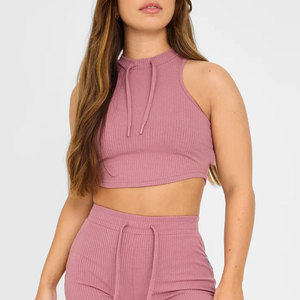 Top Deportivo Corto para Mujer, Nuevo, Material Acanalado, Diseño con Cordón Ajustable, Cuello Alto, Top Deportivo para Gimnasio, Absorbe el Sudor - Product Image 1