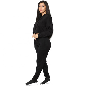 Ensemble sweat-shirt court et pantalon de jogging noir pour femme, col rond, manches longues, couleur unie, décontracté, avec cordon de serrage et poches latérales, coupe régulière, hiver 2 - Product Image 2