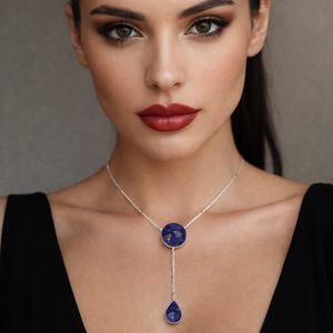Collar de piedras preciosas de ágata de encaje azul redondo de 10 mm |   Collar con Colgante de Latón Plateado con Dije en Forma de Gota - Product Image 2