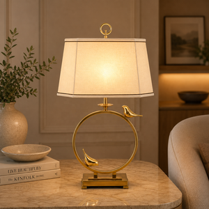 Songbird Halo Metal <b>Table</b> Lamp with Decorative Bird Accents Linen Shade <b>Gold</b> Finish Elegant Ambient <b>Bedside</b> Lighting - Product Image 1