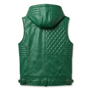 Men's Green Genuine <b>Leather</b> Hooded Biker Vest Zipper Closure Quilted Pocket <b>Belt</b> - Product Image 6