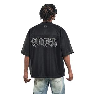 Camiseta de malla recortada de manga corta para hombre, Camiseta deportiva de cuello redondo para gimnasio con estampado de texto frontal, tejido acanalado para serigrafía de fútbol - Product Image 3