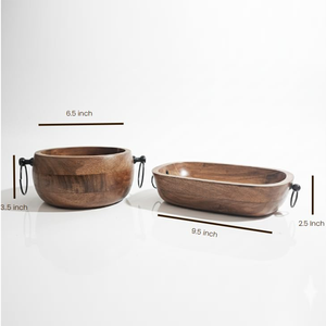 Ensemble de bols de service en bois d'acacia de qualité supérieure, ronds et ovales avec poignées en métal rustique, parfaits pour la table à manger à la maison et au restaurant - Product Image 2